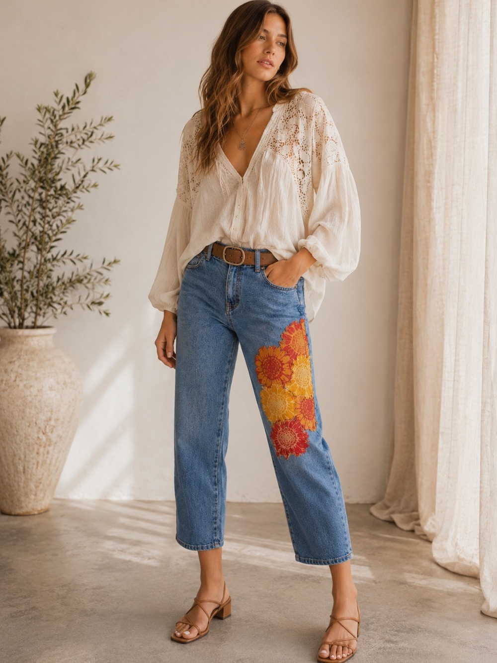 Upcycled Style & Co Ankle Jeans Floral Tapestry Embroidery size 8P